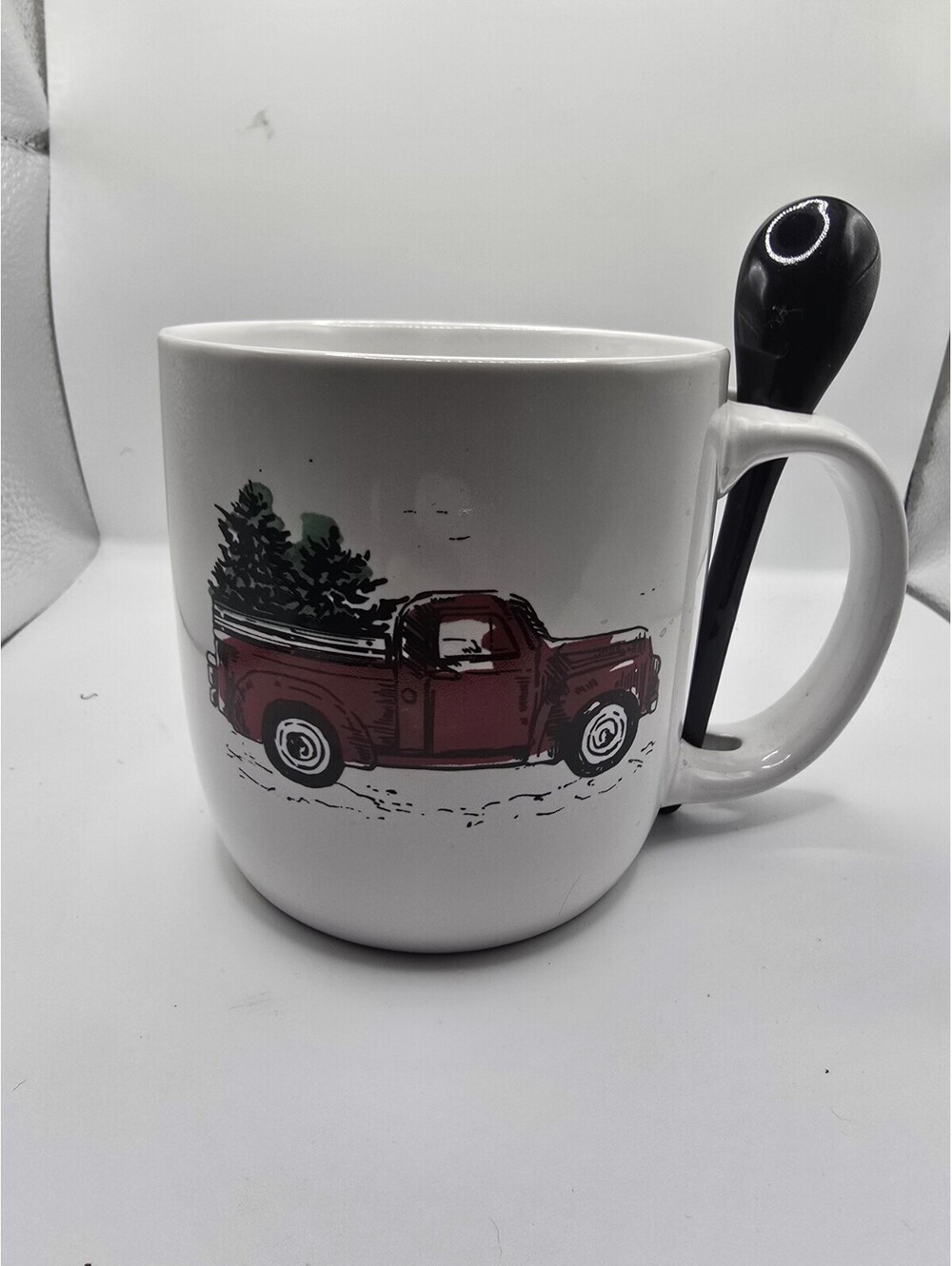 Holiday Time 16oz Ceramic Coffee Mug w/ Spoon Christmas Red Truck, DW/MW Safe